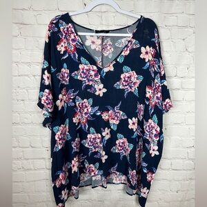 Meritt blue floral print popover v-neck blouse oversized‎ o/s